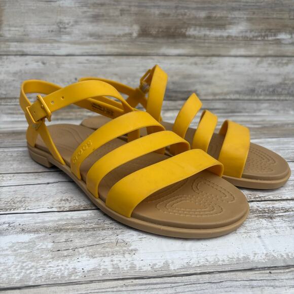 Crocs Tulum Sandals Sz 7 Canary Yellow Strappy Ankle Buckle Flat Comfort Casual - Picture 1 of 13